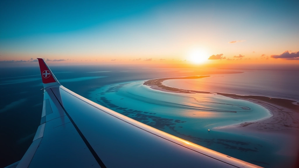Aerial view of commercial aircraft banking over turquoise Caribbean waters and white sand beaches at sunrise, wing visible in foreground, photorealistic travel photography