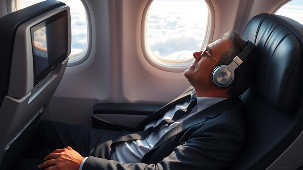 Business traveler relaxing in premium cabin seat with noise-canceling headphones, window showing clouds and sunlight, comfortable reclined position, peaceful in-flight scene