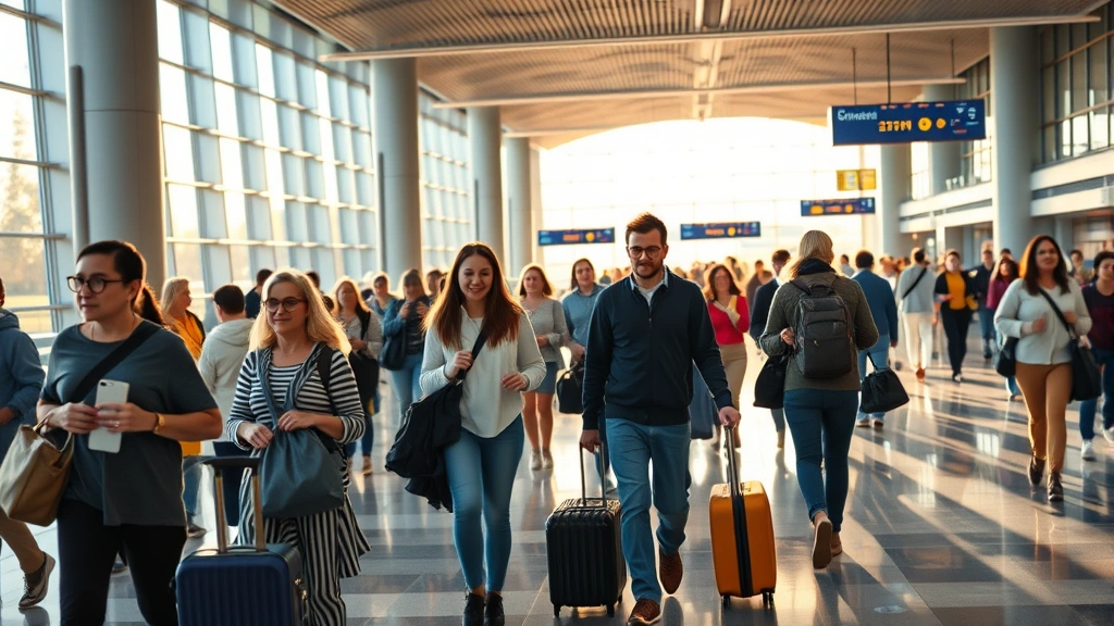 Diverse travelers exploring vibrant airport terminal with modern architecture, natural light streaming through windows, people walking with luggage, dynamic travel atmosphere