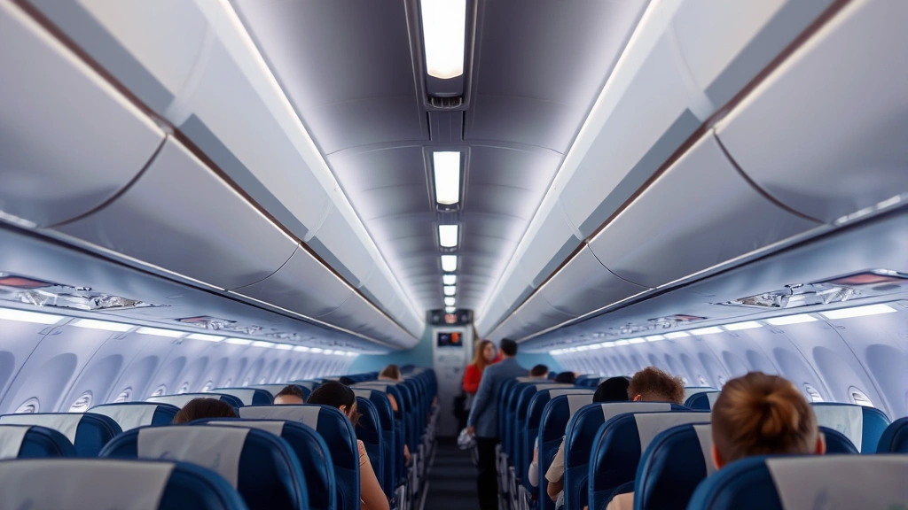 Modern aircraft cabin interior with rows of blue seats, overhead bins, and aisle lighting, passengers settling into seats during boarding, professional airline atmosphere