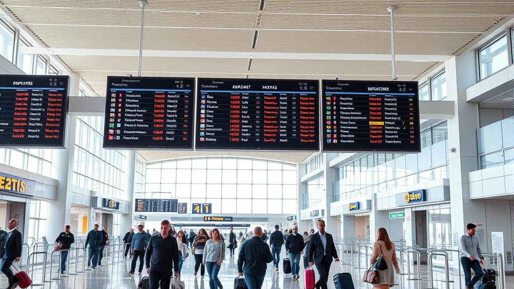 Busy international airport terminal with departure boards displaying flight information, travelers with luggage navigating through terminals, modern airport architecture with natural light