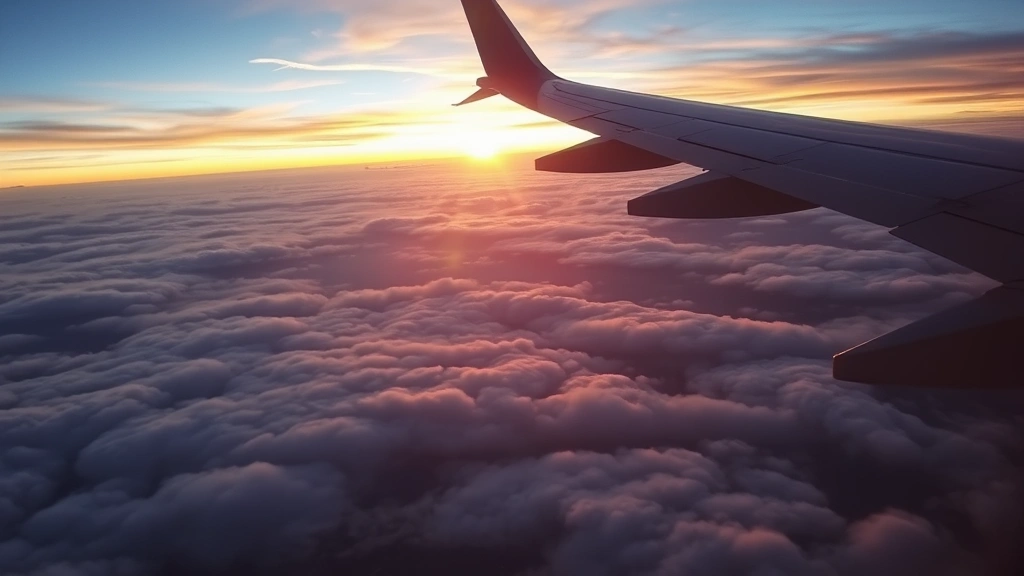 Aerial view of commercial aircraft flying above clouds at sunset, wing visible with landscape below, peaceful in-flight perspective showing journey and travel