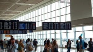 Busy modern airport terminal with departure boards displaying flight information, travelers checking phones, large windows showing aircraft on tarmac, bright natural lighting, contemporary architecture