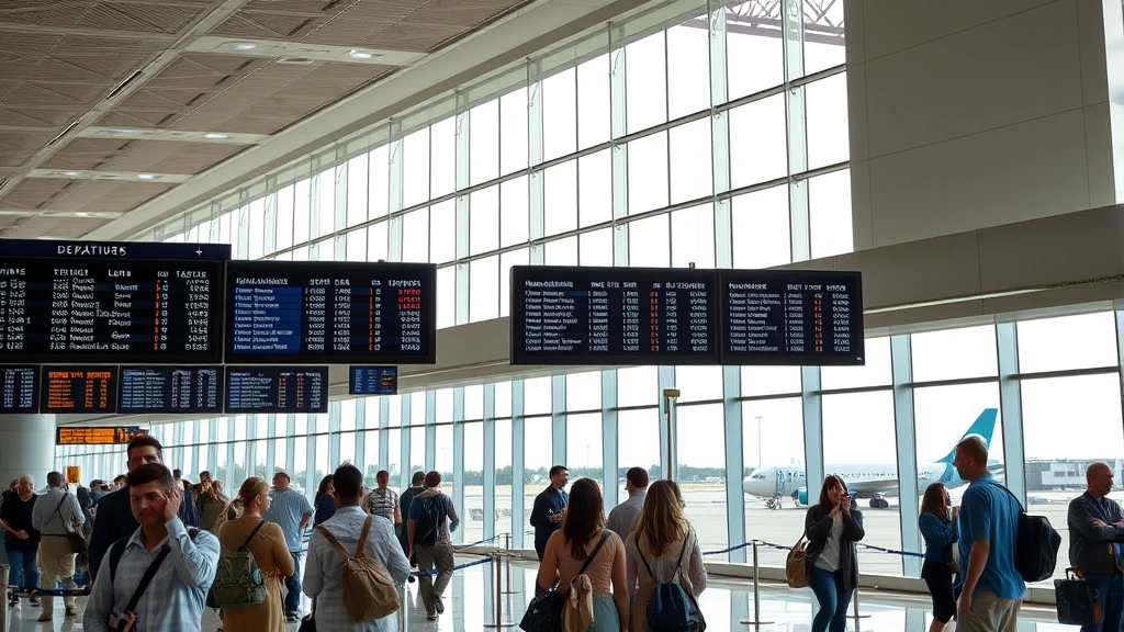 Busy modern airport terminal with departure boards displaying flight information, travelers checking phones, large windows showing aircraft on tarmac, bright natural lighting, contemporary architecture