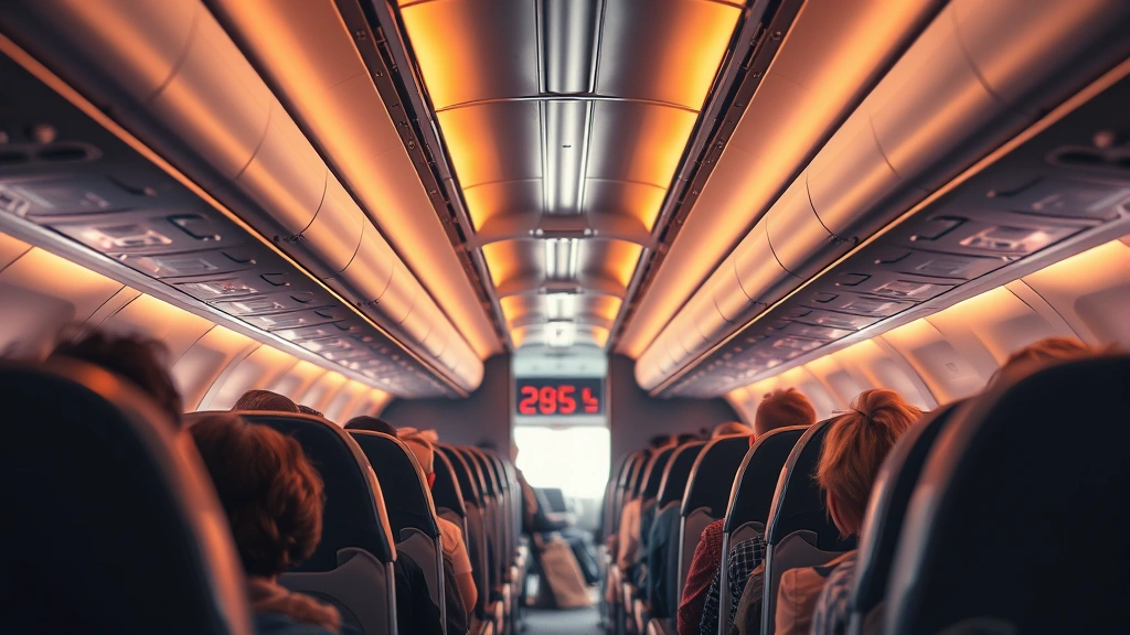 Commercial airplane cabin interior with passengers during flight, modern aircraft, warm lighting, realistic photography