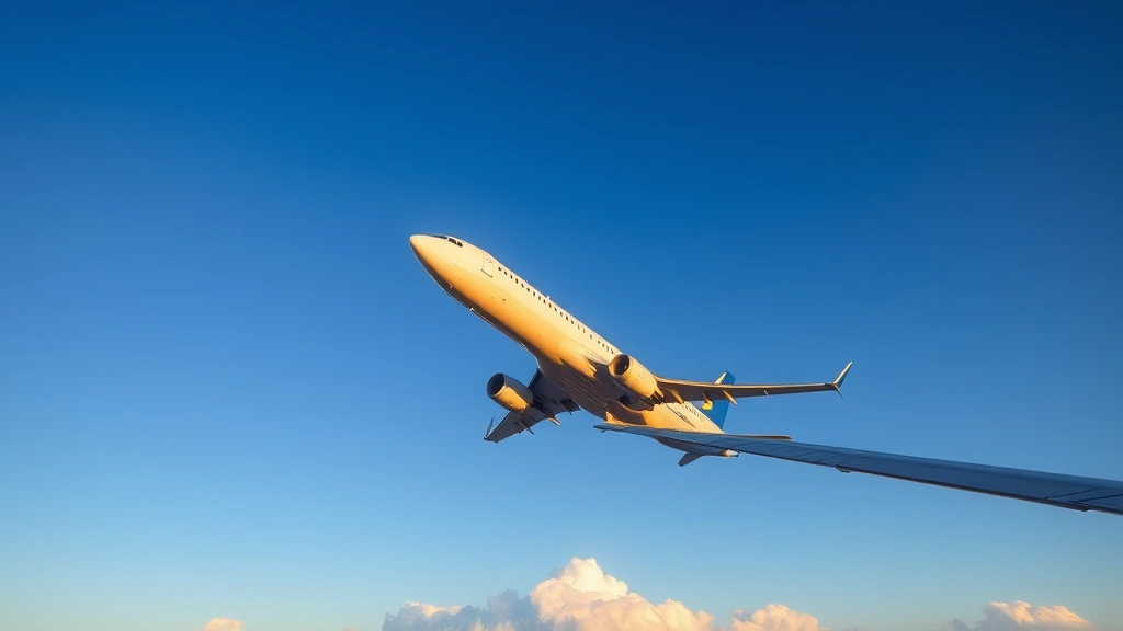 Commercial aircraft taking off into clear blue sky during golden hour, wing visible in foreground, clouds below, dynamic upward motion, vibrant aviation photography