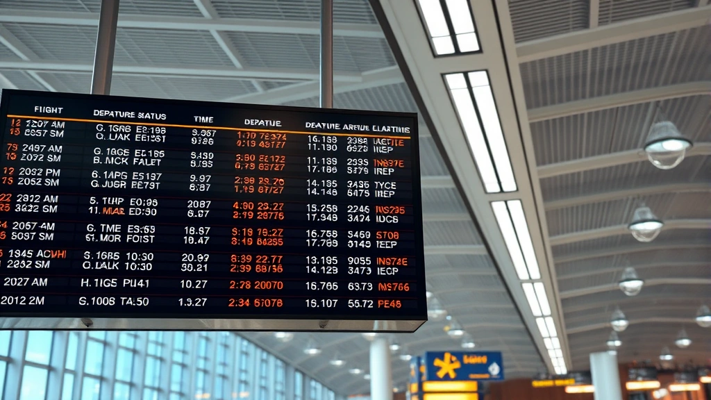 Airport departure board displaying flight numbers and real-time status information, modern terminal, professional setting, photorealistic