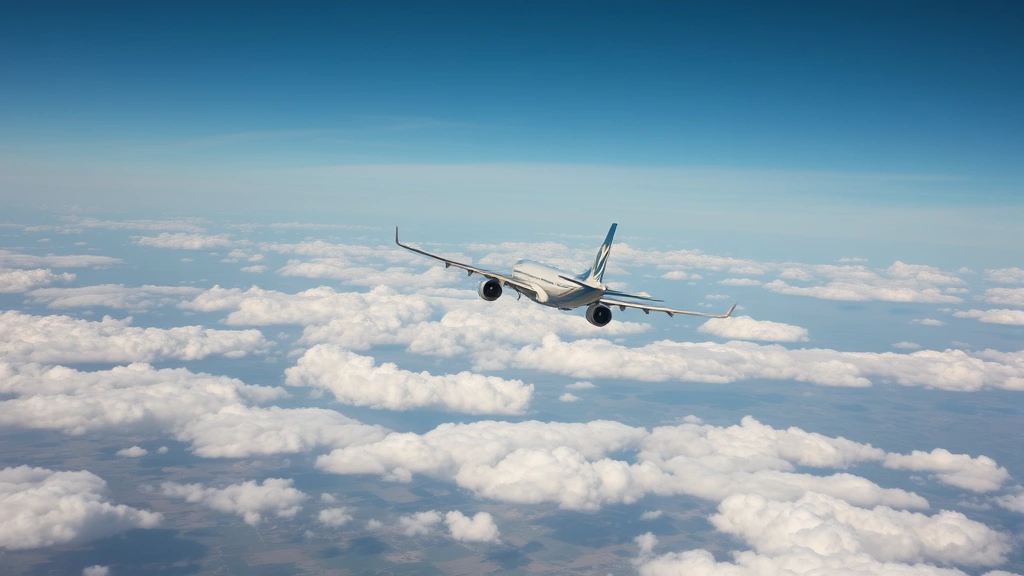 Aerial view of commercial aircraft in flight over clouds and landscape, daytime, clear visibility, authentic travel photography