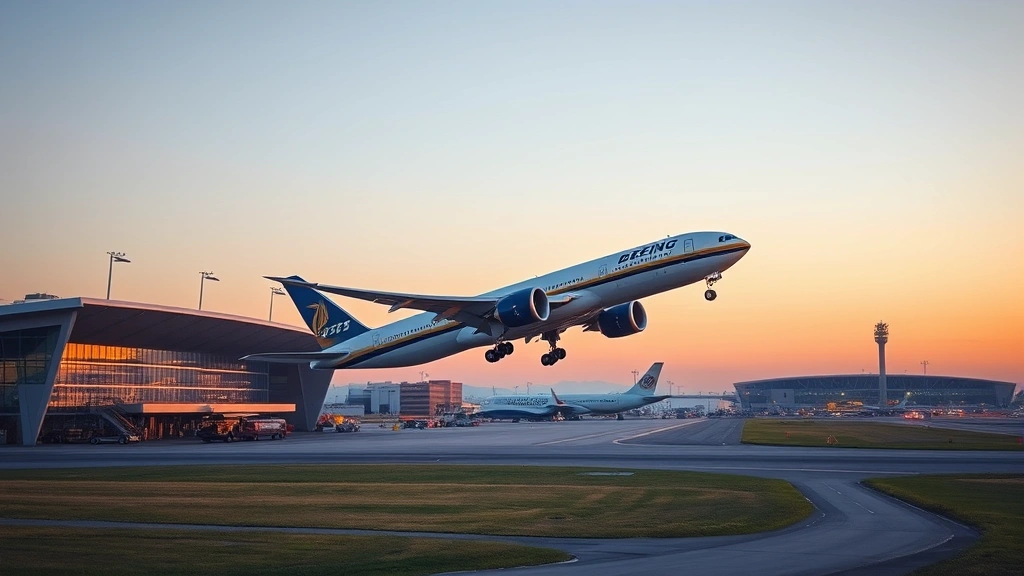Wide-body aircraft Boeing 777 taking off from modern international airport terminal during golden hour with clear skies and runway lights visible, photorealistic travel photography