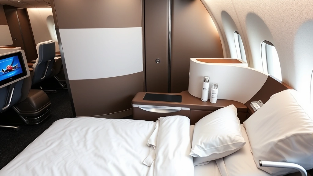 Business class lie-flat seat with white bedding in modern aircraft cabin, amenity kit, and individual entertainment screen, luxury airline interior photography