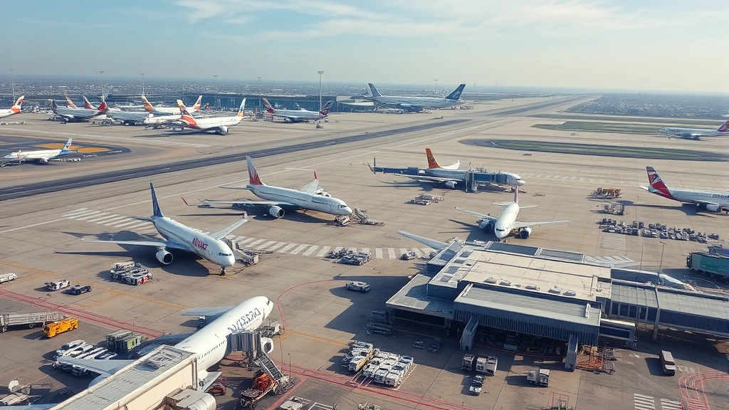 Aerial view of sprawling international airport hub with multiple aircraft parked at gates, runways, and ground service vehicles during daytime, aviation infrastructure