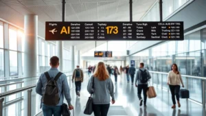 Modern airport departure board displaying flight information with AI 173 prominently shown, passengers walking through bright terminal with natural light streaming through large windows, professional and contemporary travel atmosphere
