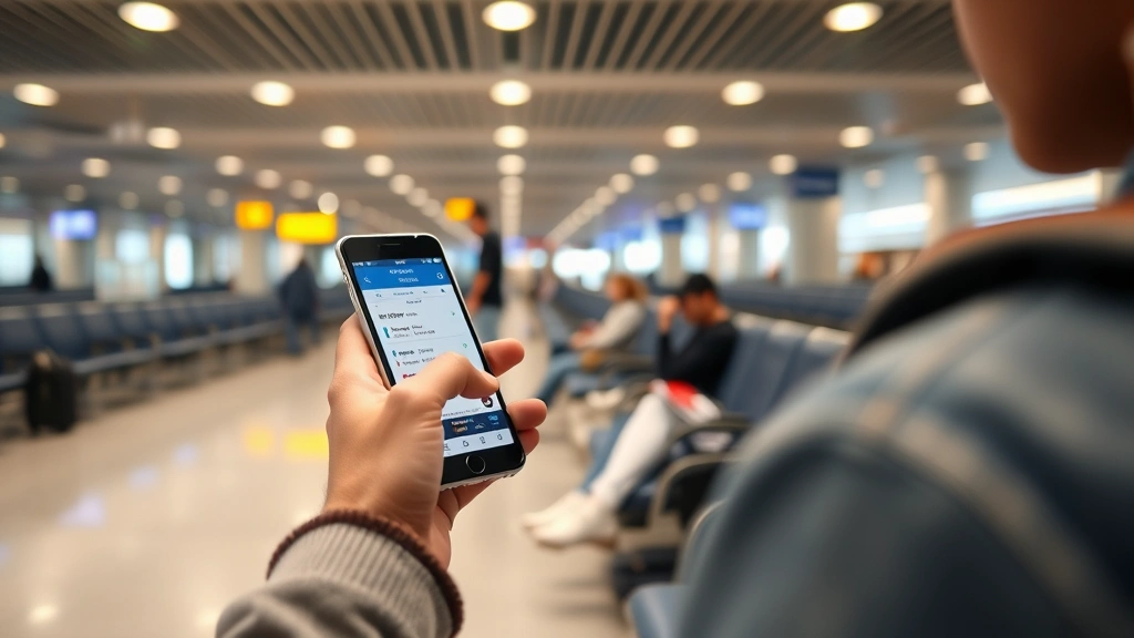 Traveler using smartphone to check flight status at airport gate, focused on mobile app interface, comfortable airport seating in background, real-time flight tracking moment captured