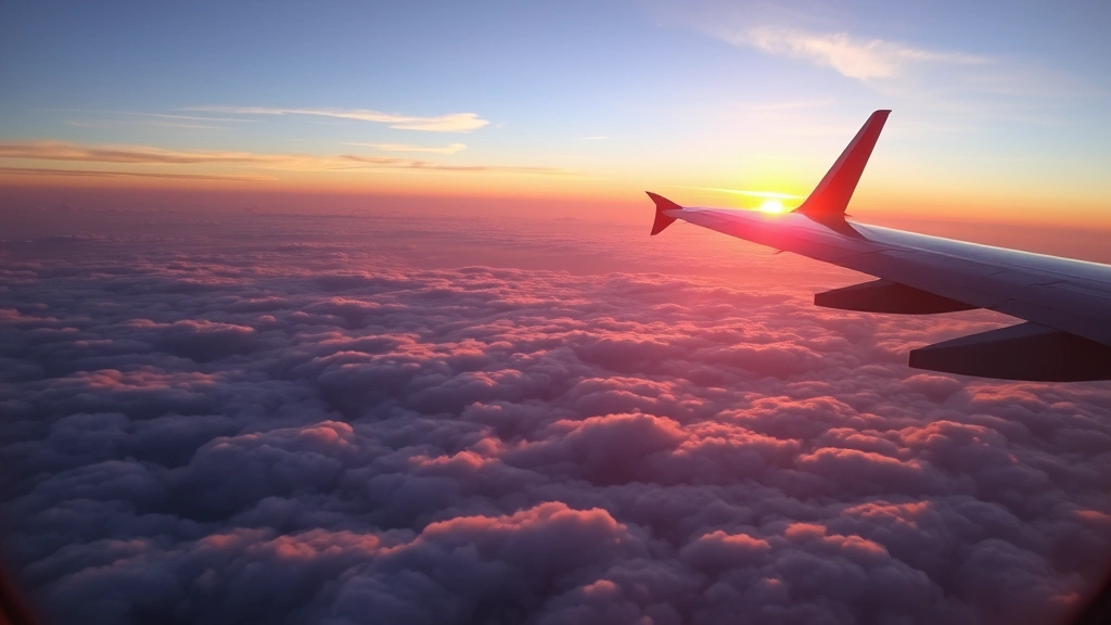 Aerial view of commercial aircraft in flight over clouds at sunset, wing visible in frame, peaceful sky environment, global travel journey visualization