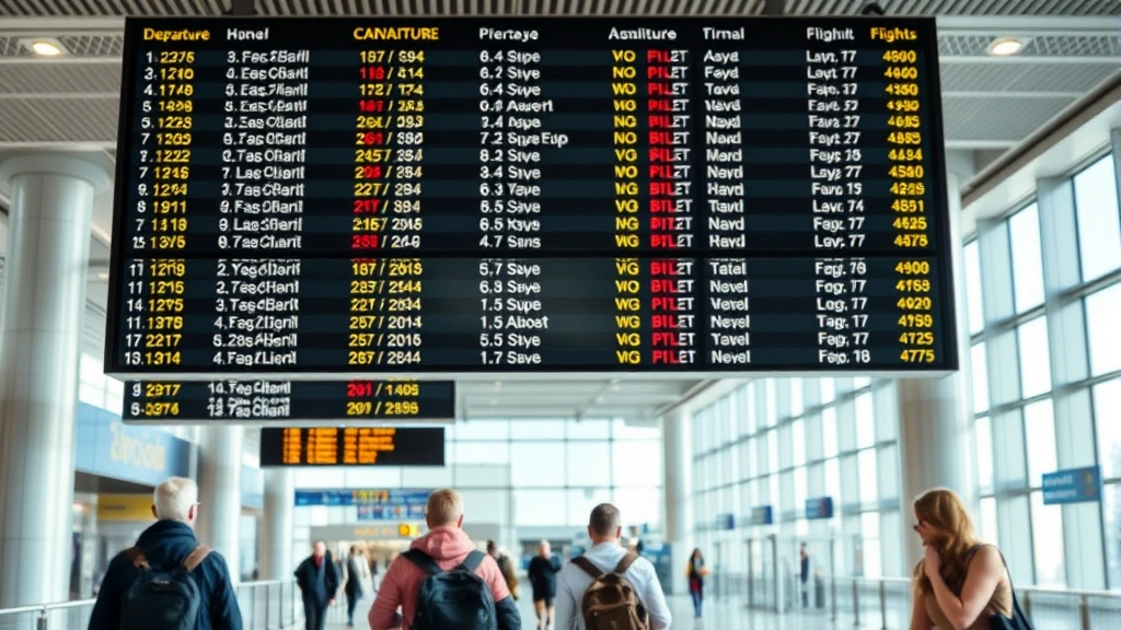 Close-up of airport departure board showing flight numbers and status updates with passengers walking underneath in modern terminal