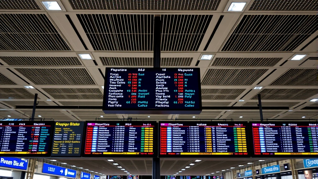 Modern airport terminal with flight status displays showing real-time departure and arrival information on digital screens