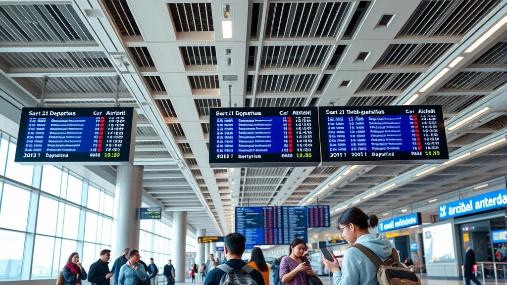 Busy modern airport terminal with digital flight information displays showing departure and arrival times, travelers checking smartphones, blue and white color scheme, daytime natural lighting, realistic photography