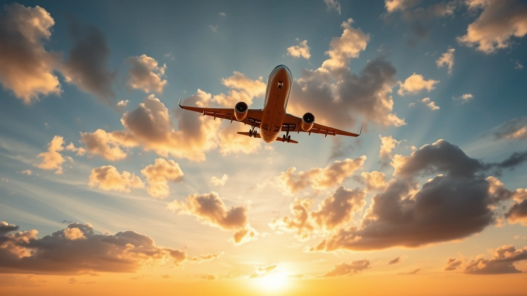 Airplane flying through partly cloudy sky at sunrise or sunset, aircraft in sharp focus with golden hour lighting, expansive sky view, professional travel photography, no visible text or markings