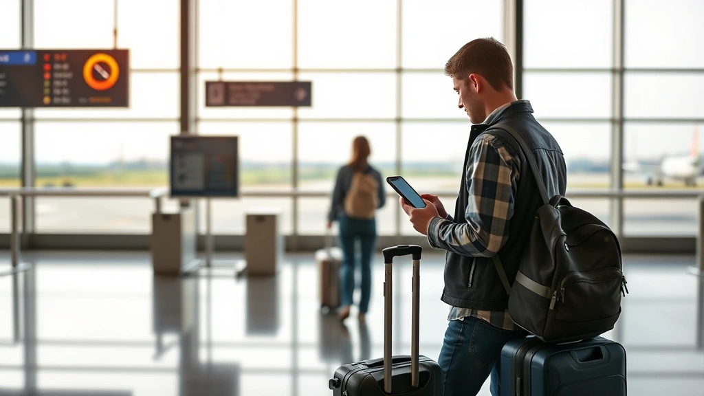 Traveler at airport gate with luggage, checking mobile phone for flight information, modern airport background with floor-to-ceiling windows showing tarmac, natural daylight, candid travel moment