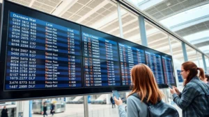 Modern airport departure board displaying flight numbers and status information with travelers checking updates on their smartphones, bright airport lighting, contemporary design