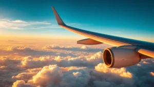 Aerial view of commercial aircraft in flight over clouds during golden hour, showing wing and engine detail against blue sky and white cumulus clouds