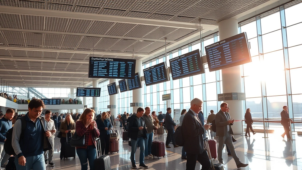Busy modern airport terminal with digital departure boards displaying flight information, travelers checking phones and luggage, natural daylight streaming through large windows, contemporary architecture