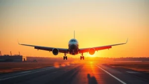 Commercial airplane taking off at sunrise from a major airport runway, dramatic golden light, motion blur on wings, clear sky, photorealistic travel photography