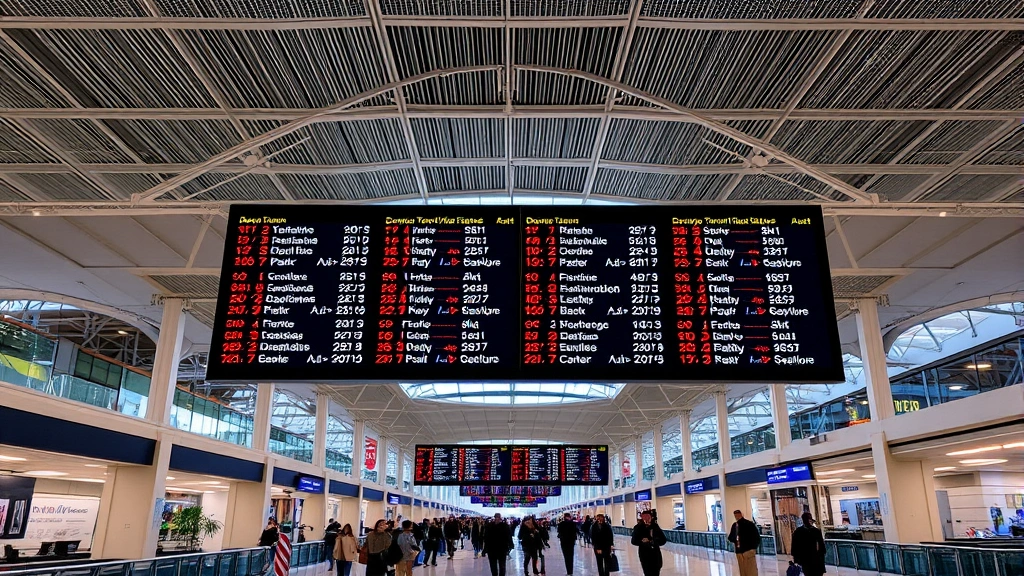 Modern airport terminal interior with illuminated flight status display boards showing departure and arrival times, with travelers walking beneath