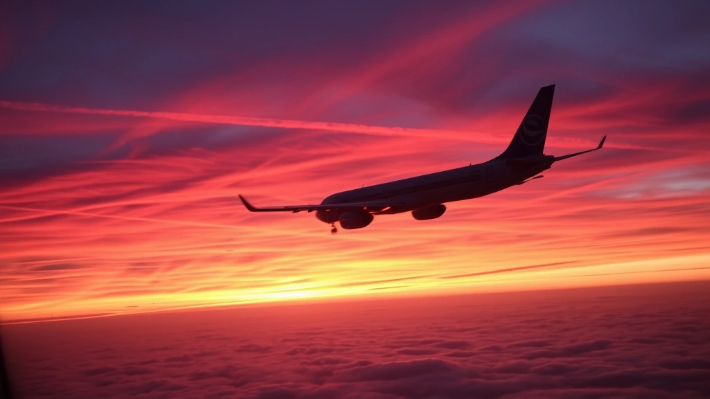 Airplane in flight during sunset with dramatic orange and pink sky, viewed from another aircraft, contrails visible, clouds below, peaceful travel scene
