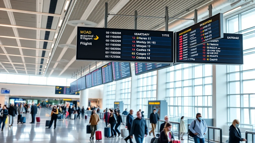Busy modern airport terminal with flight status display boards showing departure times and gates, passengers with luggage, bright professional lighting, contemporary architecture