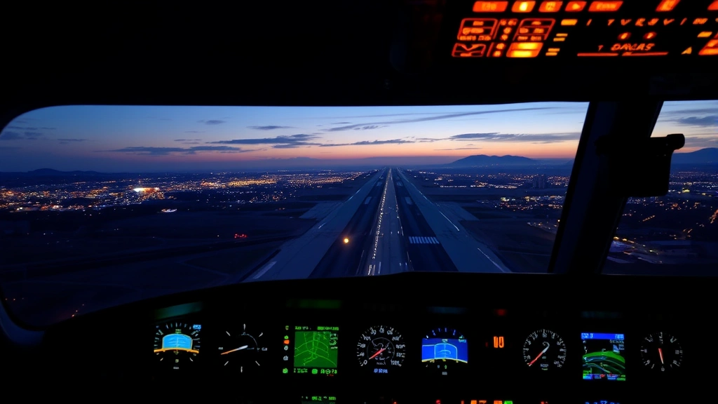 Cockpit view from commercial aircraft during landing approach showing runway lights and city landscape at dusk with aircraft instruments visible