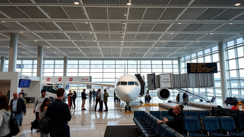 Airport gate area with passengers boarding aircraft, ground crew preparing plane, jetway connected, modern airport interior with comfortable seating and digital displays