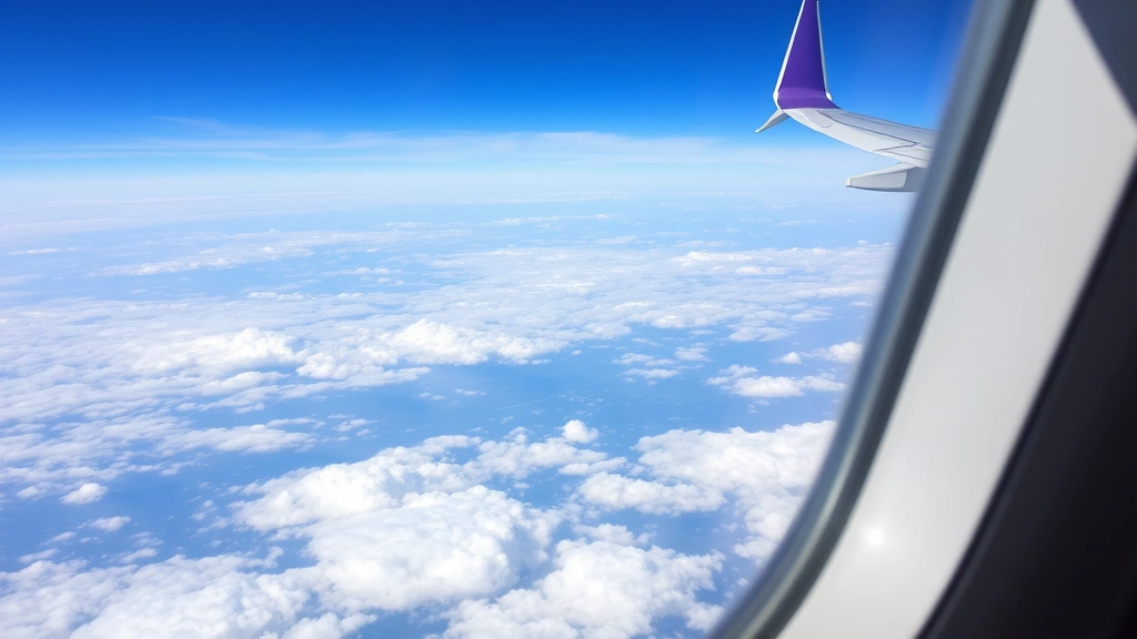 Airplane window view at cruising altitude showing white clouds below and blue sky, wing visible, serene peaceful travel moment, natural daylight photography