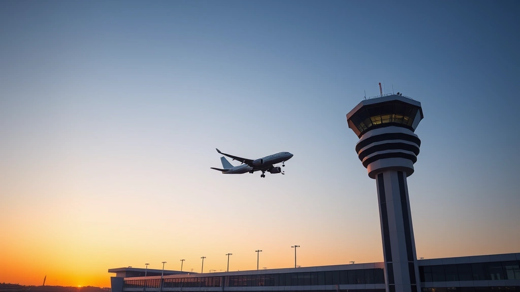 Modern airport control tower at sunset with aircraft approaching for landing, clear skies, professional aviation setting, global perspective