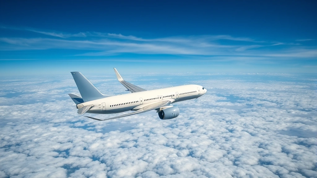 Commercial passenger aircraft in flight against blue sky, mid-cruise altitude, sunlight reflecting off fuselage, expansive cloudscape below