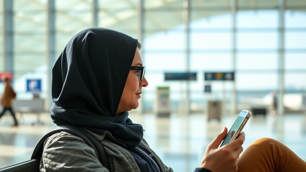Traveler checking smartphone with flight tracking app open, sitting in airport terminal, natural lighting, modern airport architecture visible in background