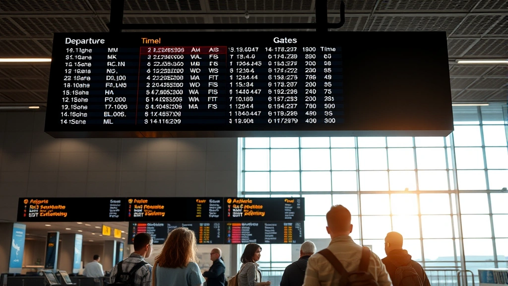 Modern airport departure board displaying flight numbers, times, and gates with travelers checking information below, bright terminal lighting, realistic photography