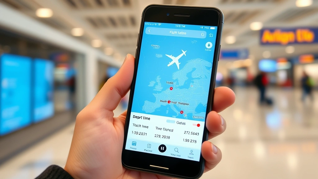 Smartphone screen showing flight tracking app with real-time aircraft position on map, gate information, and departure time, held in traveler's hand at airport