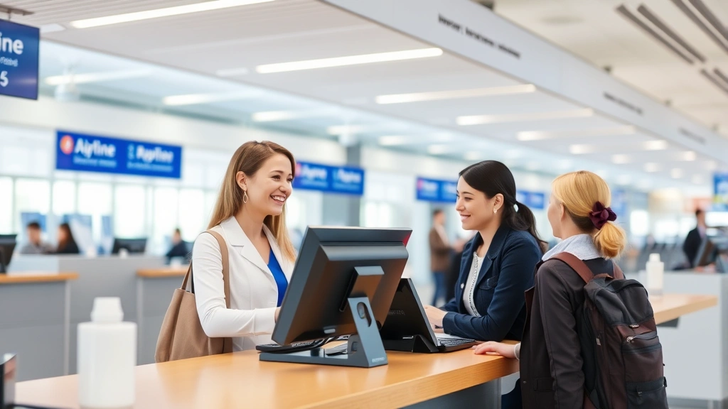 Airline customer service desk with representative assisting passenger, computer screens visible, professional airport environment, helpful interaction between staff and traveler