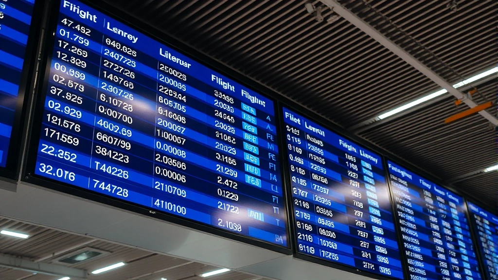 Modern airport departure board displaying flight information with blue and white digital display showing flight numbers, destinations, and status codes in bright terminal lighting