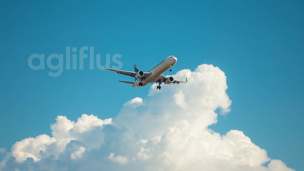 Commercial airplane banking through clear blue sky with white clouds below, photographed from ground level showing aircraft in flight with landing gear retracted