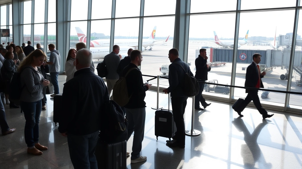 Busy airport terminal with passengers checking phones at gate area, large windows showing tarmac with multiple aircraft parked at gates, natural daylight streaming through windows