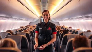 Professional flight attendant in Air Canada uniform serving passengers in modern aircraft cabin with warm lighting and comfortable seating