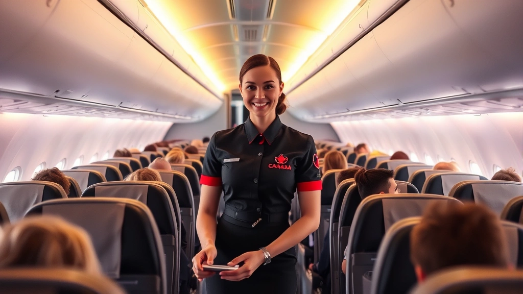Professional flight attendant in Air Canada uniform serving passengers in modern aircraft cabin with warm lighting and comfortable seating