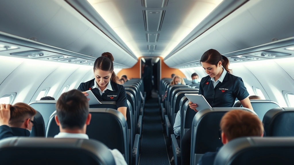 Modern aircraft interior during flight showing flight attendants assisting passengers, demonstrating professional service and crew responsibilities at altitude