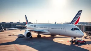 Modern Airbus A350 aircraft in Air France livery parked at Paris Charles de Gaulle airport terminal, afternoon sunlight, professional aviation photography