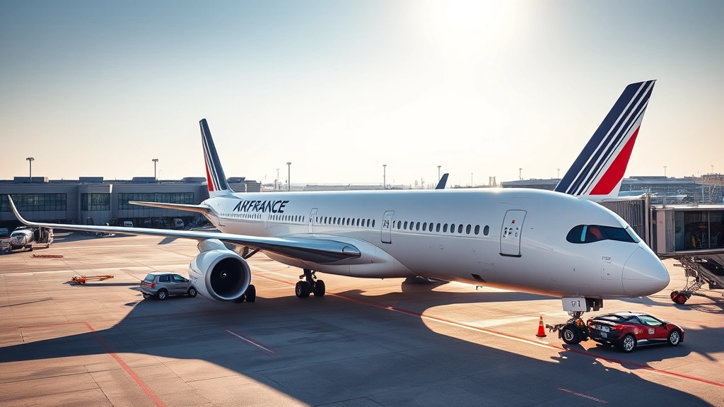 Modern Airbus A350 aircraft in Air France livery parked at Paris Charles de Gaulle airport terminal, afternoon sunlight, professional aviation photography