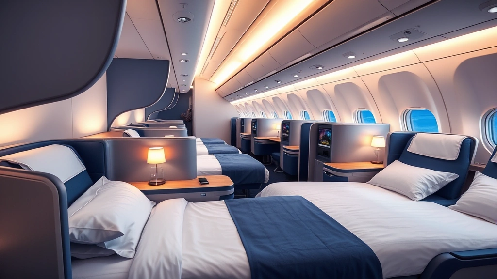 Spacious Air France Business Class cabin interior with fully lie-flat beds, ambient lighting, elegant blue and white design, wide-angle cabin view