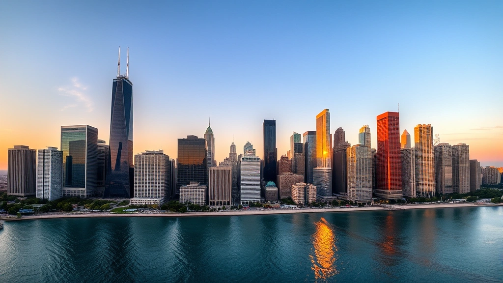Chicago skyline with Lake Michigan at golden hour, downtown skyscrapers reflecting in water, scenic aerial perspective