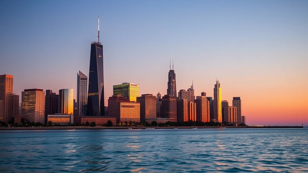 Chicago skyline featuring Willis Tower and architectural landmarks reflected in Lake Michigan at dawn, vibrant urban landscape